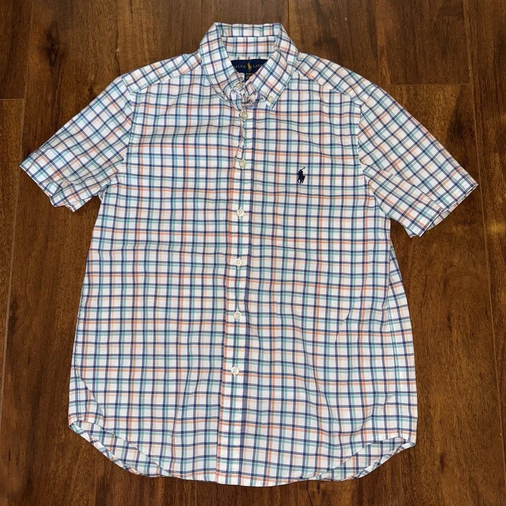 Ralph Lauren Boys M 10-12 Plaid Button Down Shirt Short Sleeve 100% Cotton